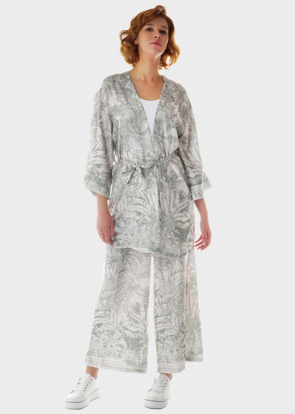 Γυναικείο Set όψη saten κιμονό & παντελόνα λάστιχο στη μέση all print. ΧΑΚΙ