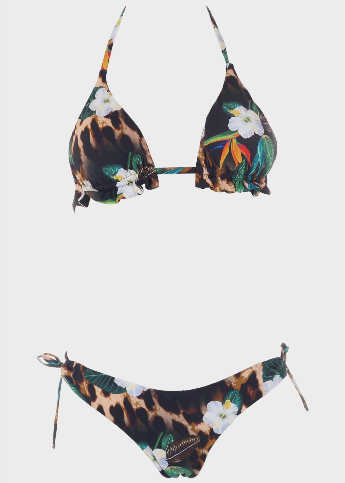 Γυναικείο σετ μαγιό bikini τριγωνάκι all print floral αποσπώμενη επένδυση slip brazil ρυθμιζόμενο πλαϊνό.Καλύπτει B CUP ΜΑΥΡΟ