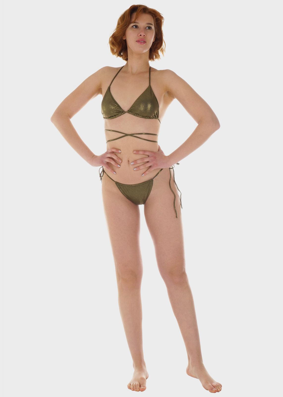 Γυναικείο σετ μαγιό bikini τριγωνάκι αποσπώμενη επένδυση slip παρτό πλαϊνά κορδονάκια.Καλύπτει B Cup ΧΑΚΙ