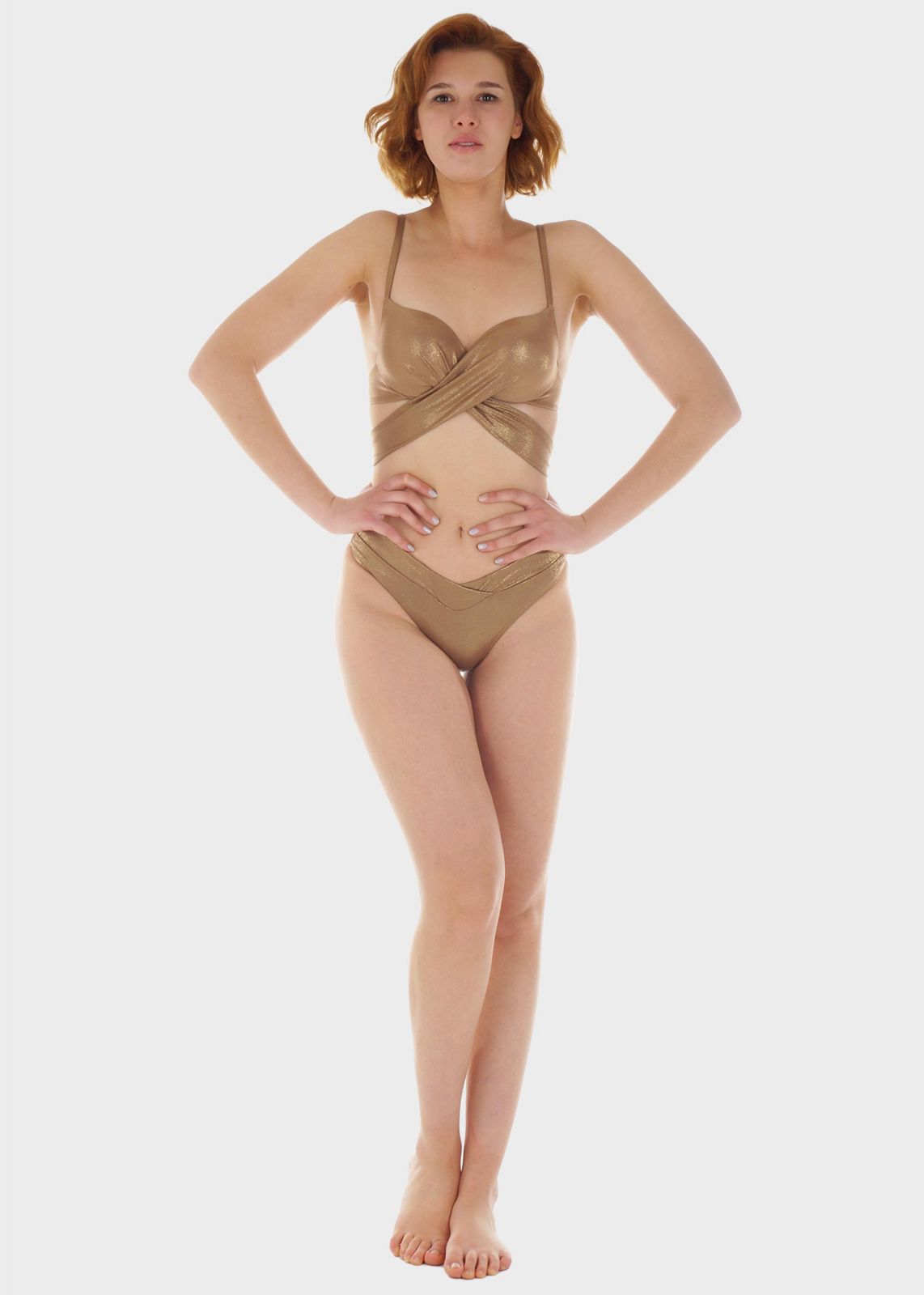 Γυναικείο σετ μαγιό bikini μπροστινό δέσιμο ενσωματωμένη ενίσχυση slip κανονική γραμμή.Καλύπτει C Cup ΜΠΡΟΝΖΕ