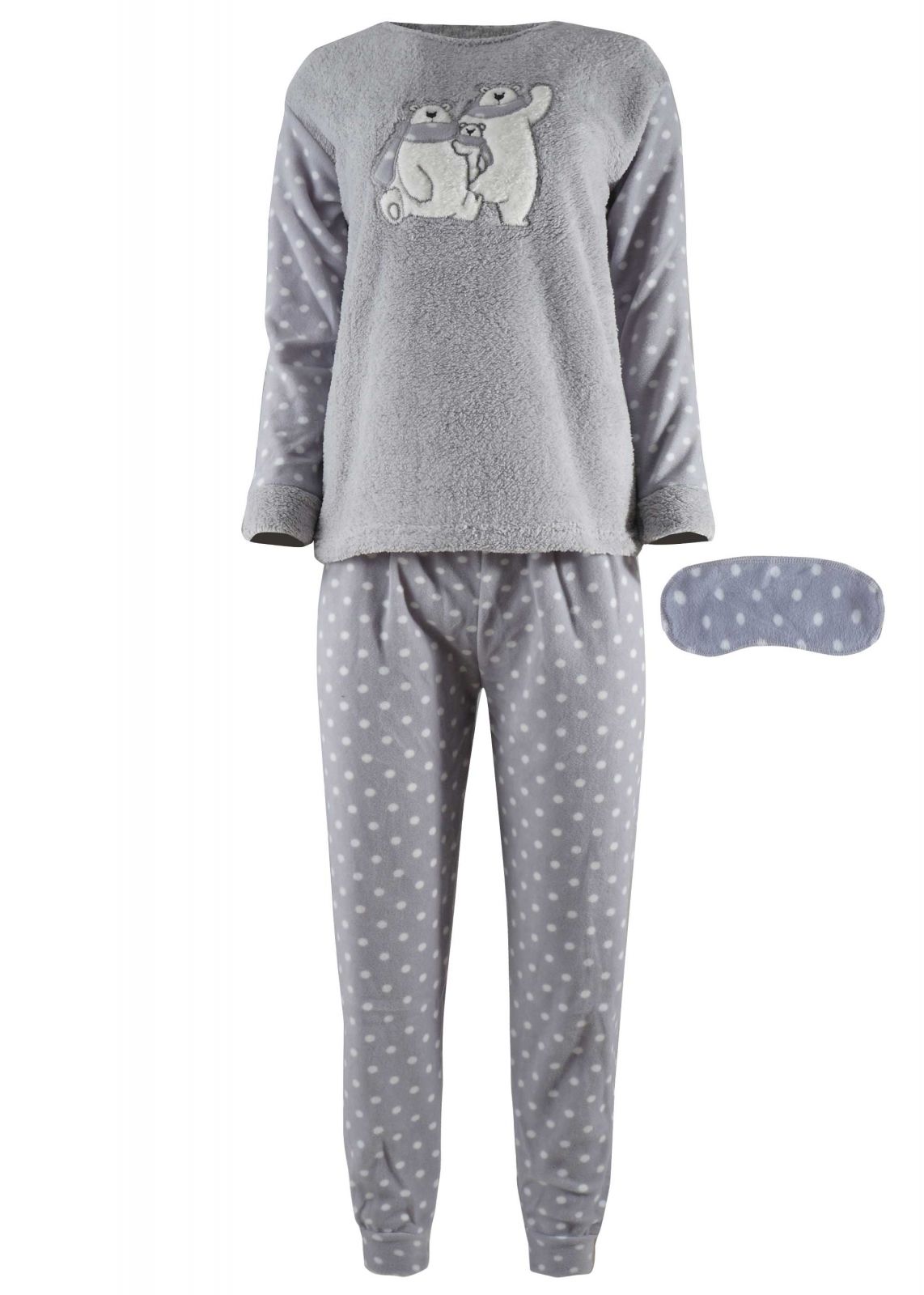 Γυναικεία πιτζάμα fleece fawn & μάσκα ύπνου, print pois παντελόνι.