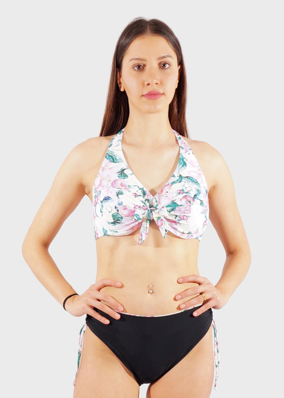 Γυναικείο σετ μαγιό bra αποσπώμενη επένδυση all print floral bikini ψηλόμεσο ρυθμιζόμενο πλαϊνό. Καλύπτει D-E CUP ΜΠΕΖ