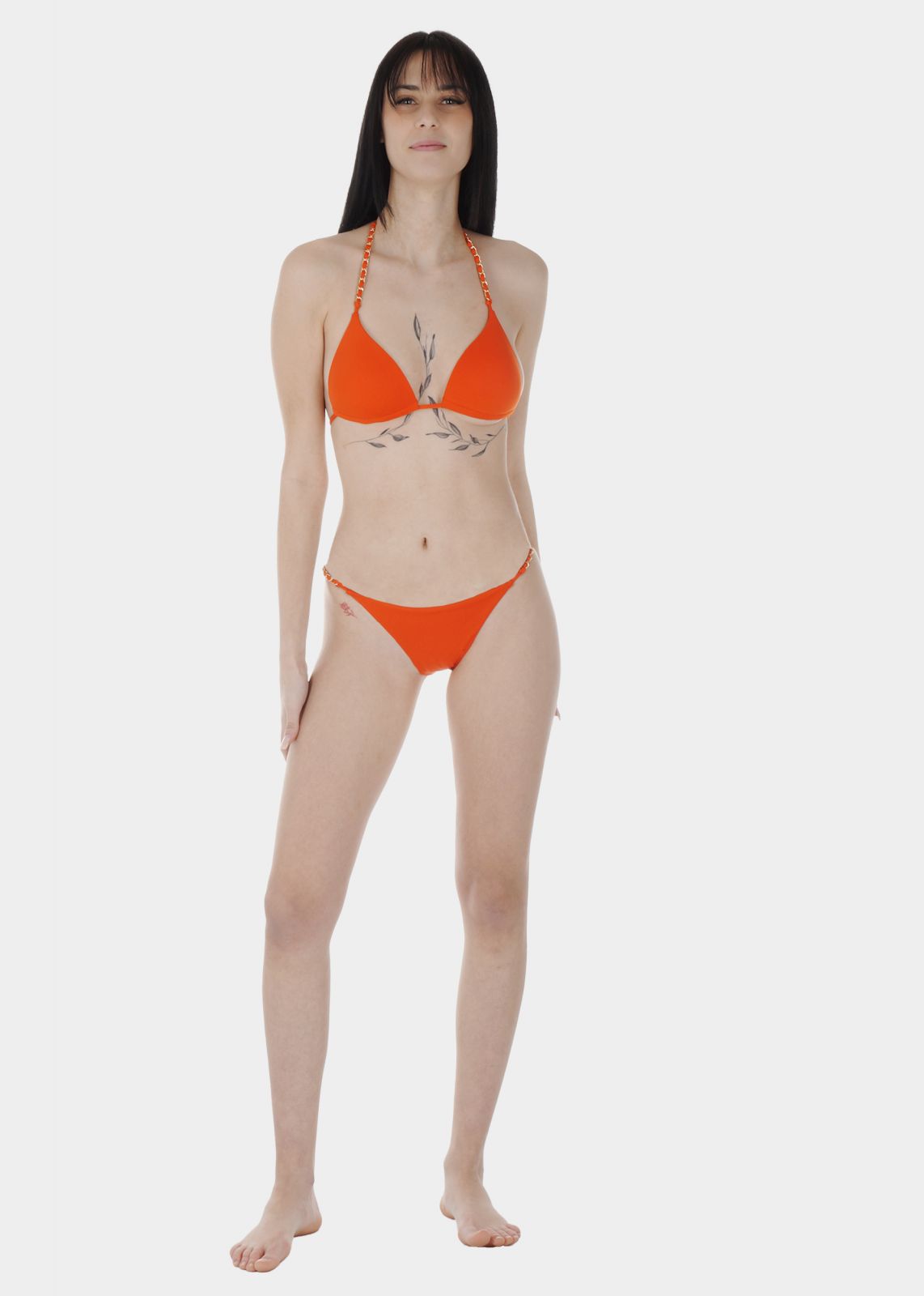 Γυναικείο σετ μαγιό bikini τριγωνάκι μονόχρωμο push up ενίσχυση λεπτομέρειες αλυσίδας slip παρτό.Καλύπτει B CUP ΠΟΡΤΟΚΑΛΙ
