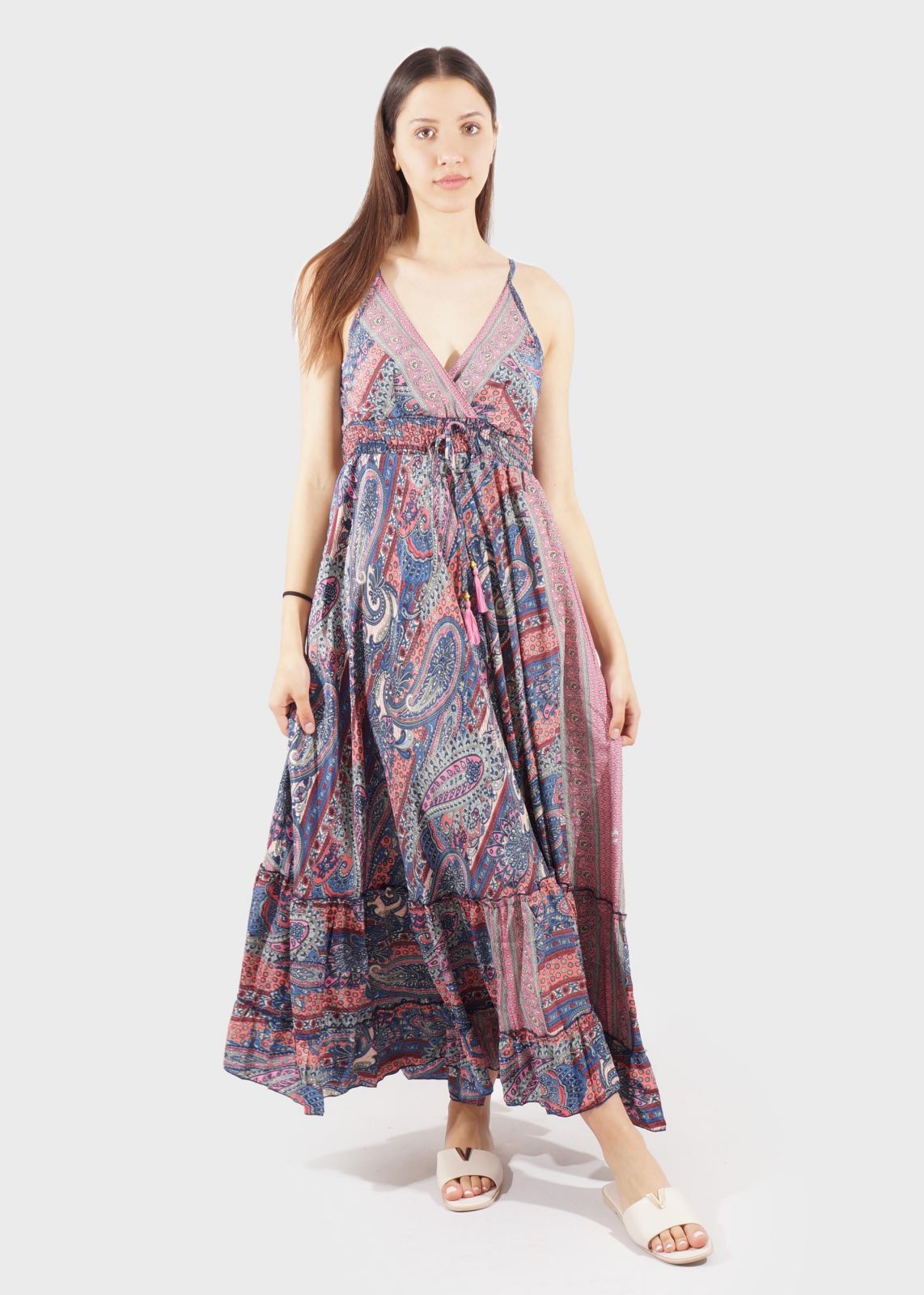 Γυναικείο maxi φόρεμα all print κρουαζέ .Bohemian Style ΡΟΖ