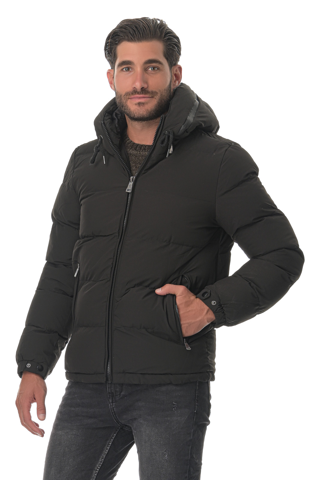 Ανδρικό puffer jacket ενσωματωμένη κουκούλα τσέπες φερμουάρ. Winter Collection ΜΑΥΡΟ