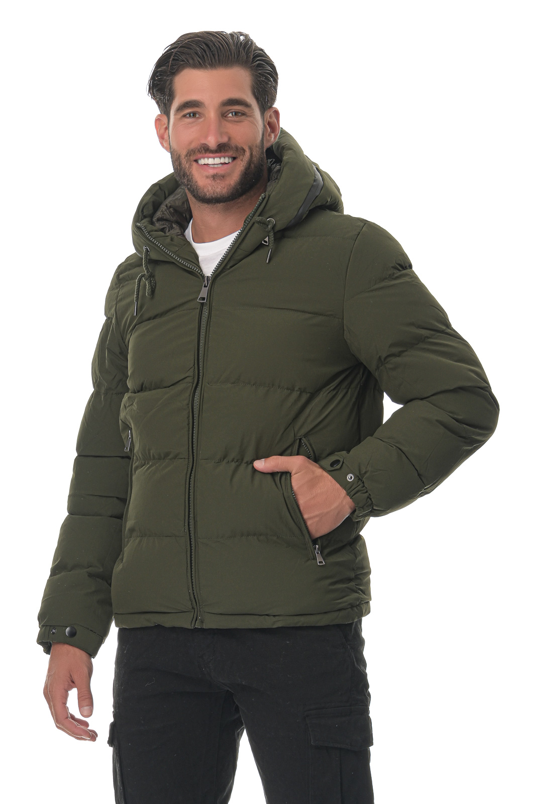 Ανδρικό puffer jacket ενσωματωμένη κουκούλα τσέπες φερμουάρ. Winter Collection ΧΑΚΙ
