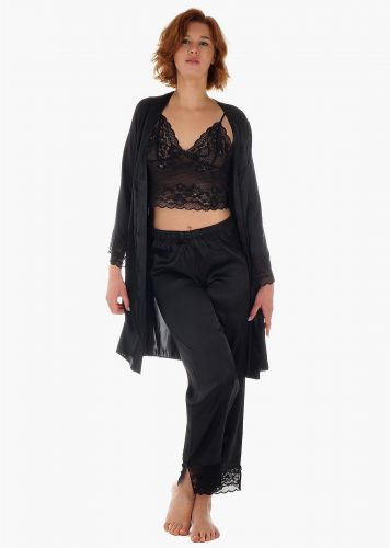 Γυναικείο set σατέν πιτζάμα ρόμπα τοπ ελαστική δαντέλα & παντελόνι λάστιχο στη μέση.Elegance Style