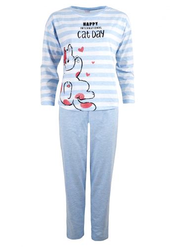 Γυναικεία πιτζάμα Vienetta με ρίγες "Cat day" μονόχρωμο παντελόνι. Homewear Collection