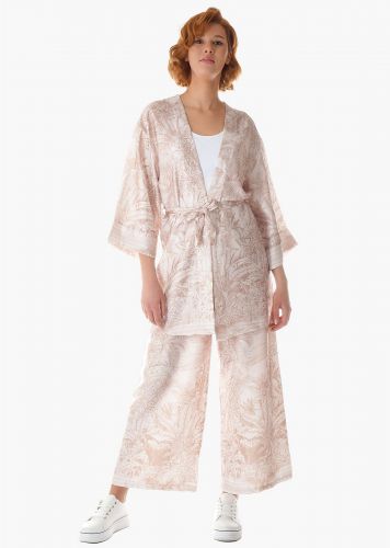 Γυναικείο Set όψη saten κιμονό & παντελόνα λάστιχο στη μέση all print.