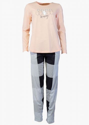 Γυναικεία πιτζάμα Vienetta λαιμόκοψη logo"Good Morning" παντελόνι all print καρό