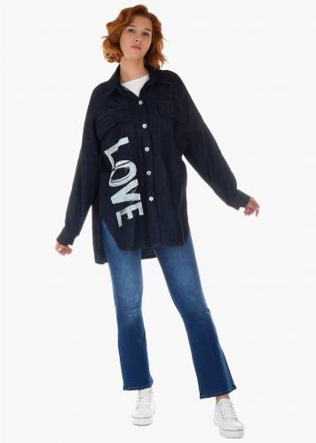 Γυναικείο Jacket πουκάμισο jean με στάμπα σε γραμμή loose.