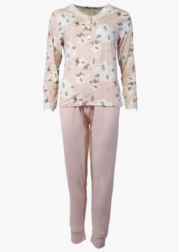 Γυναικεία πιτζάμα μακρύ μανίκι all print floral μονόχρωμο παντελόνι. Ηomewear Collection.