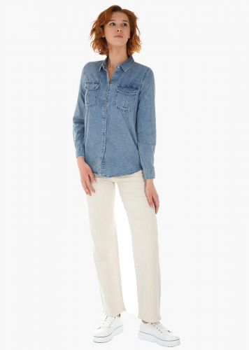 Γυναικείο jean πουκάμισο μπροστινές τσέπες κουμπιά.Denim Collection