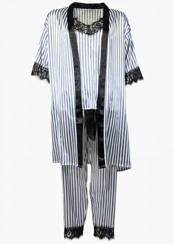 Γυναικεία set σατέν πιτζάμα ρόμπα τοπ & παντελόνι με ρίγες. Saten Collection. Συσκευασία 3pack