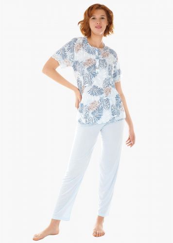 Γυναικείο σετ ανοιξιάτικη πιτζάμα μπλούζα all print παντελόνι μονόχρωμο